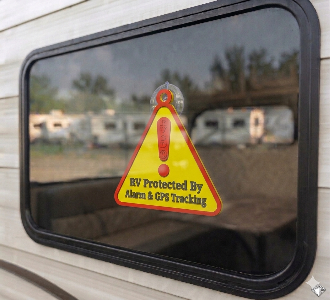 RV Sentry Tag mounted on the inside of an RV window