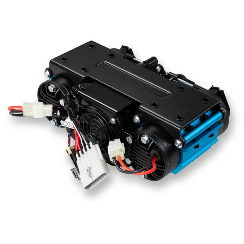 Underside view showing the cooling fan and electrical connectors