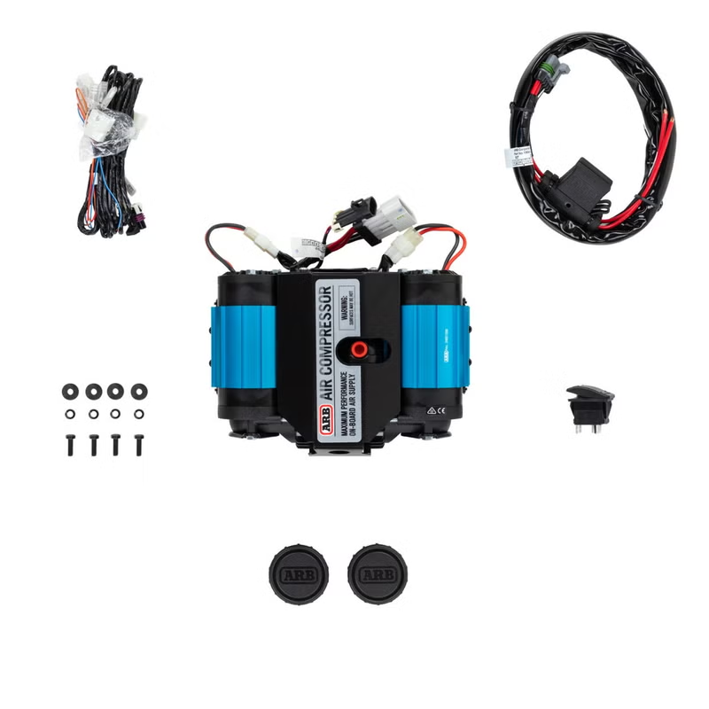 Full kit contents — compressor, harness, switch and mounting hardware