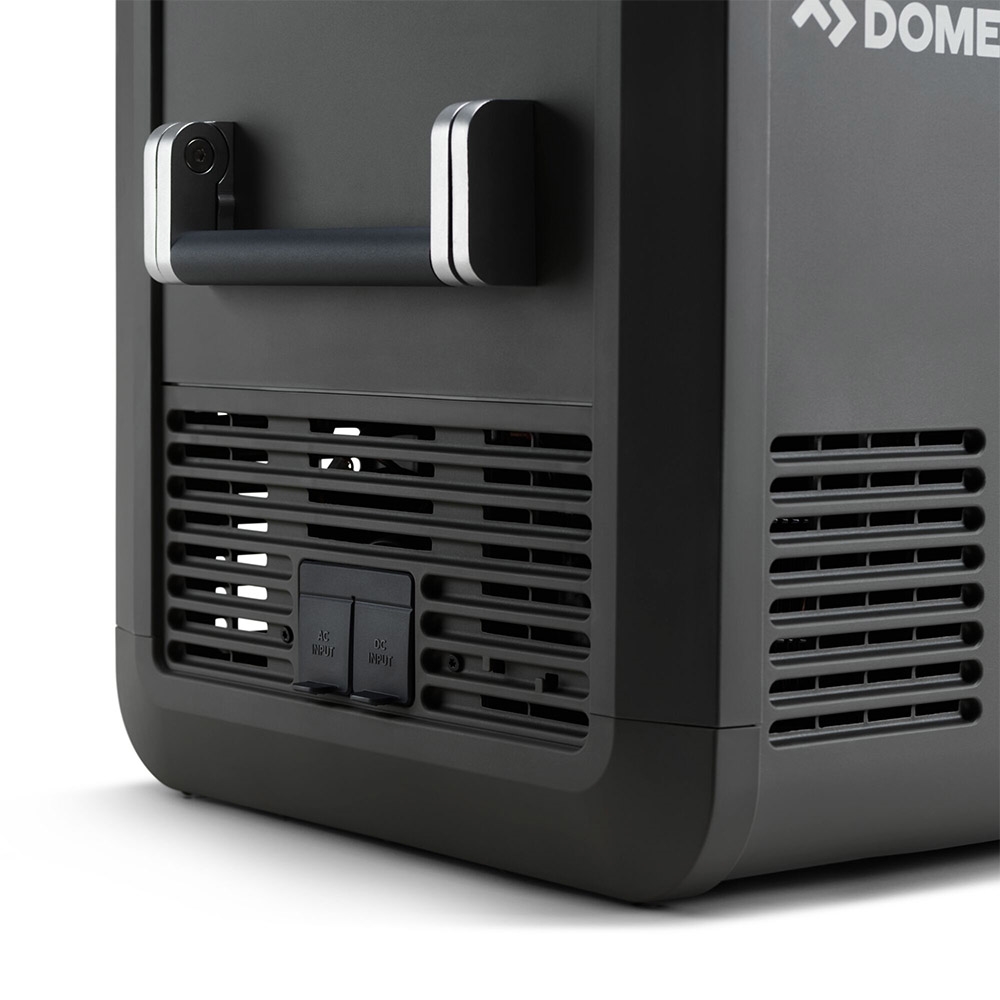 Close-up of the carry handle, vents and AC/DC input