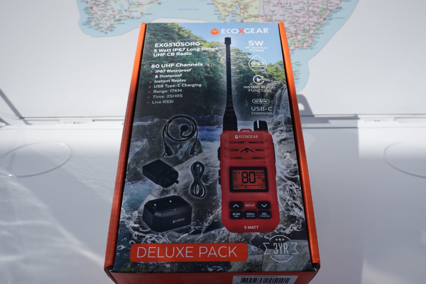 Packaging showing printed spec sheet and 3-year warranty badge