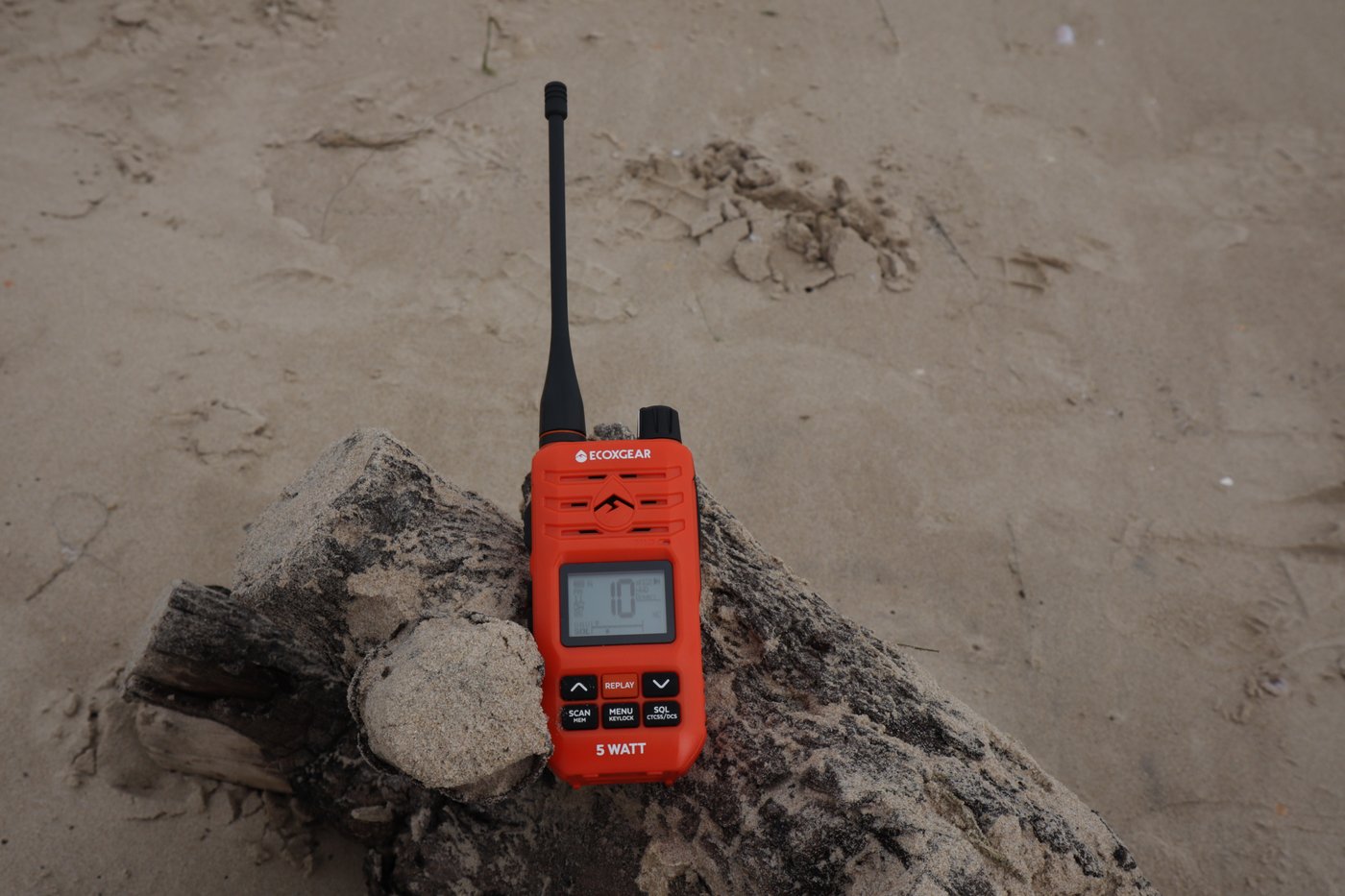 EXG510S viewed from above on driftwood, screen showing channel 10