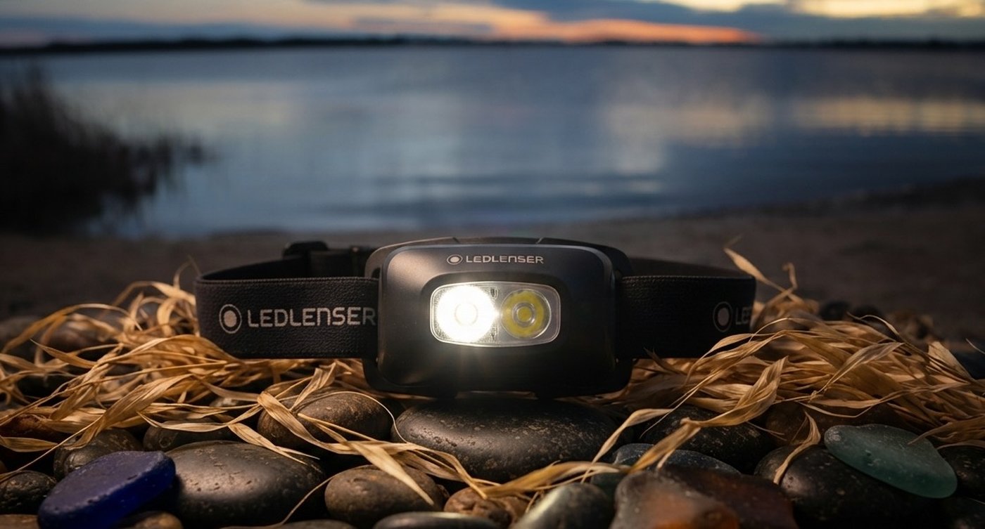 Ledlenser HF4R Signature headlamp lit, propped on lakeside rocks and sea glass at dusk