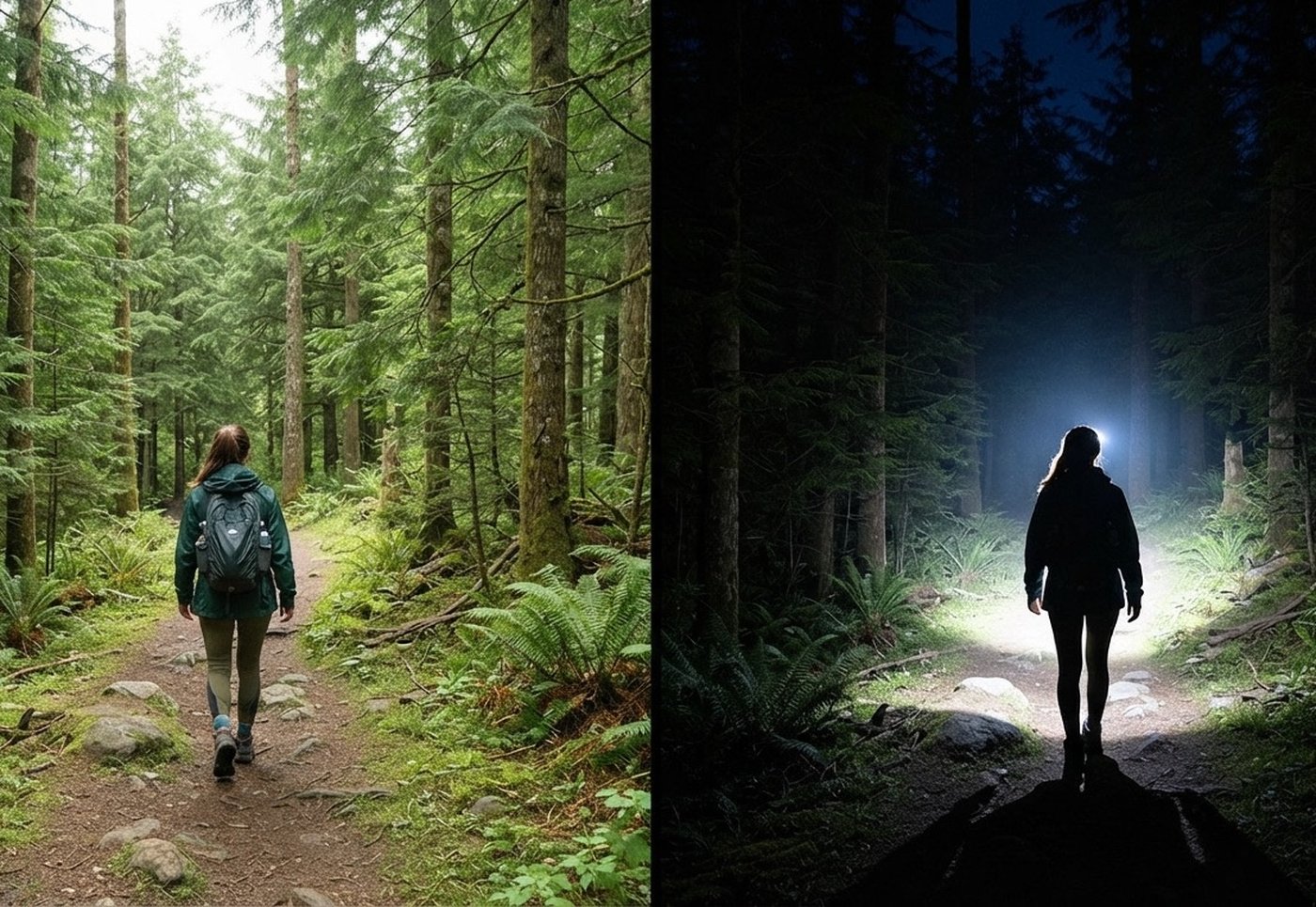 Comparison of a forest trail in daylight versus the same trail at night lit by a headlamp beam