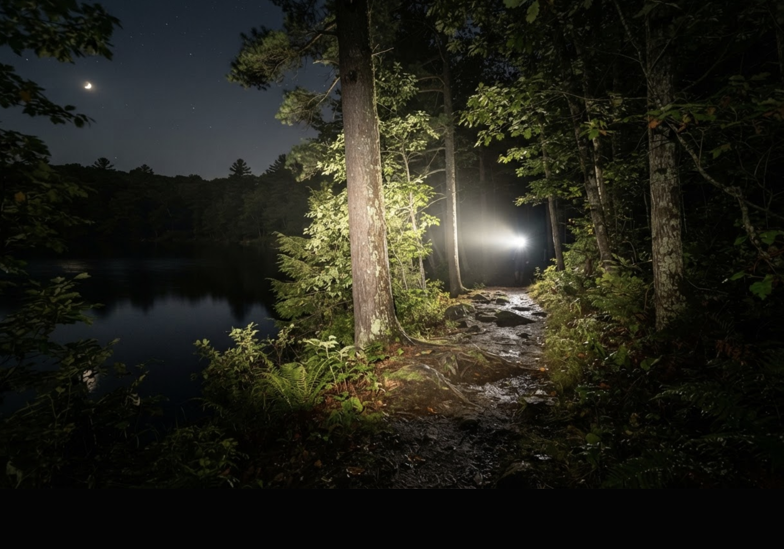 A forest trail beside a lake lit at night by a headlamp beam under a crescent moon