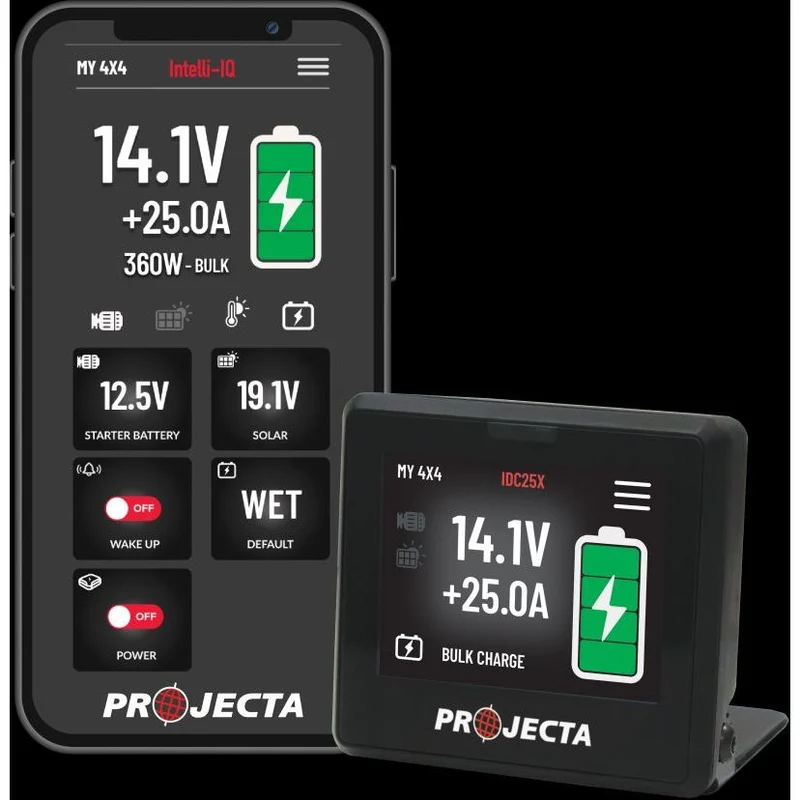 Close-up of the app and Intelli-IQ display showing live charge status