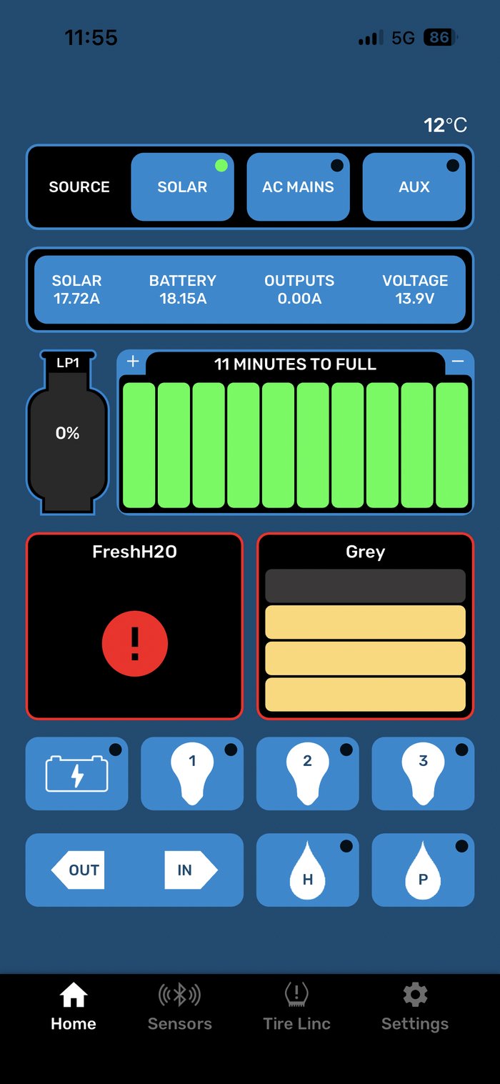 RV battery monitoring app showing solar input