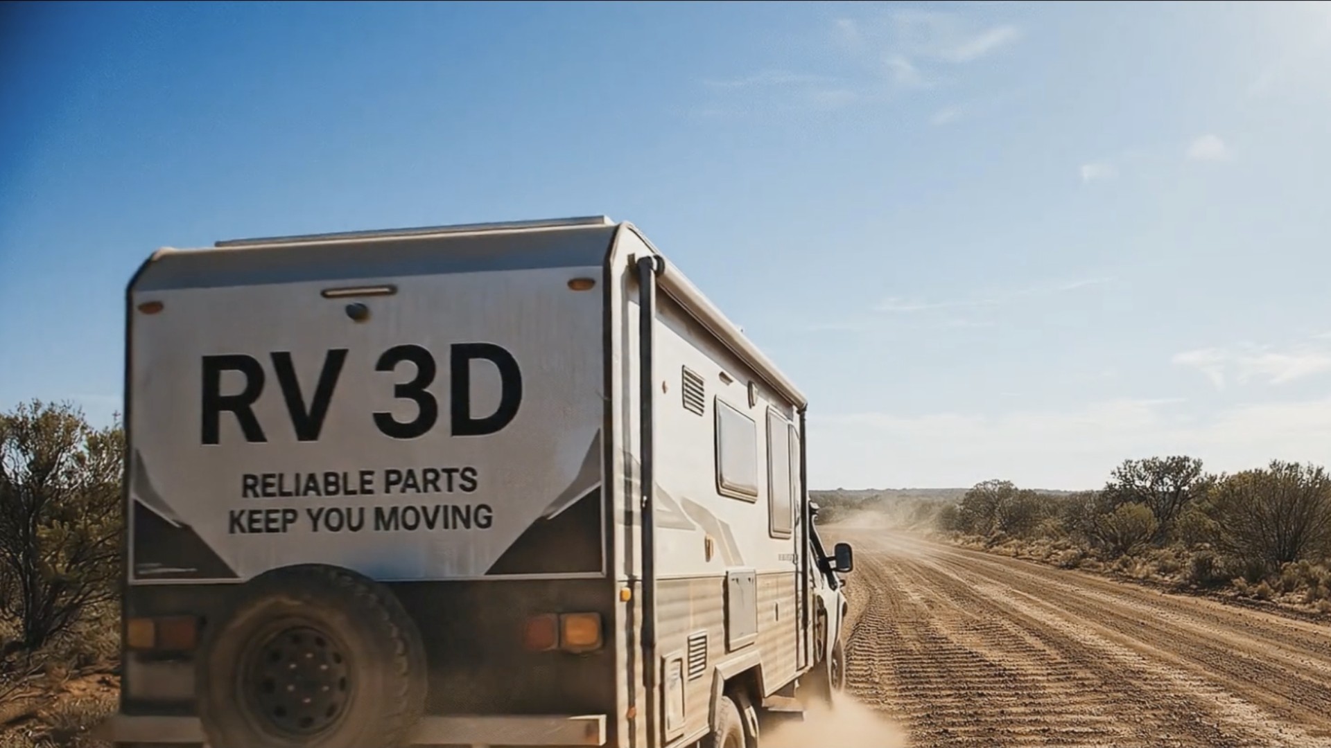 RV 3D promo video — motorhome on outback dirt road
